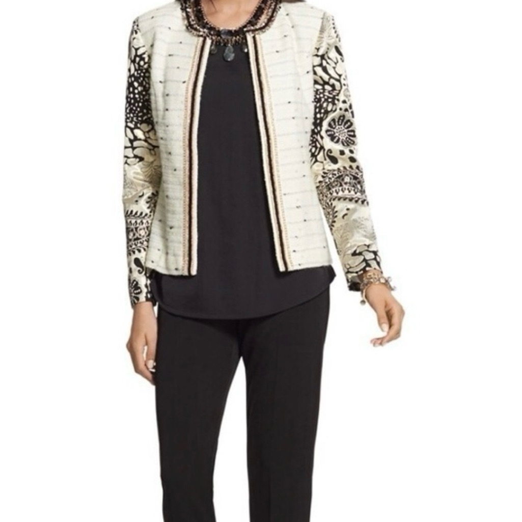 Chico's Versailles Cream And Black Quilted Blazer Metallic Sleeves